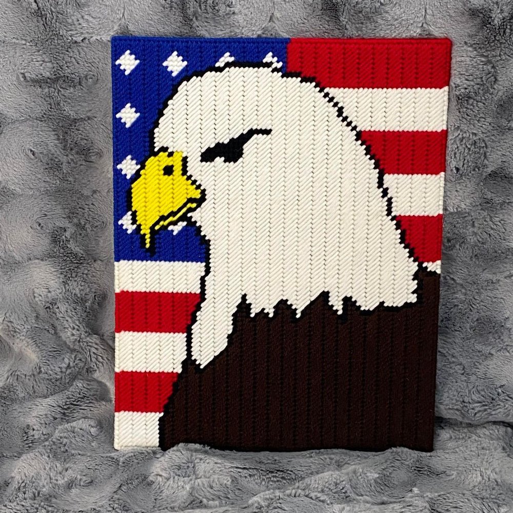 Handcrafted American Flag With Bald Eagle Needlework Wall Hanging Decor